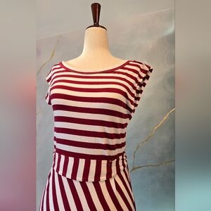 Synergy 100% Organic Cotton Red White Striped Cap Sleeve Midi Dress Y2k Era M